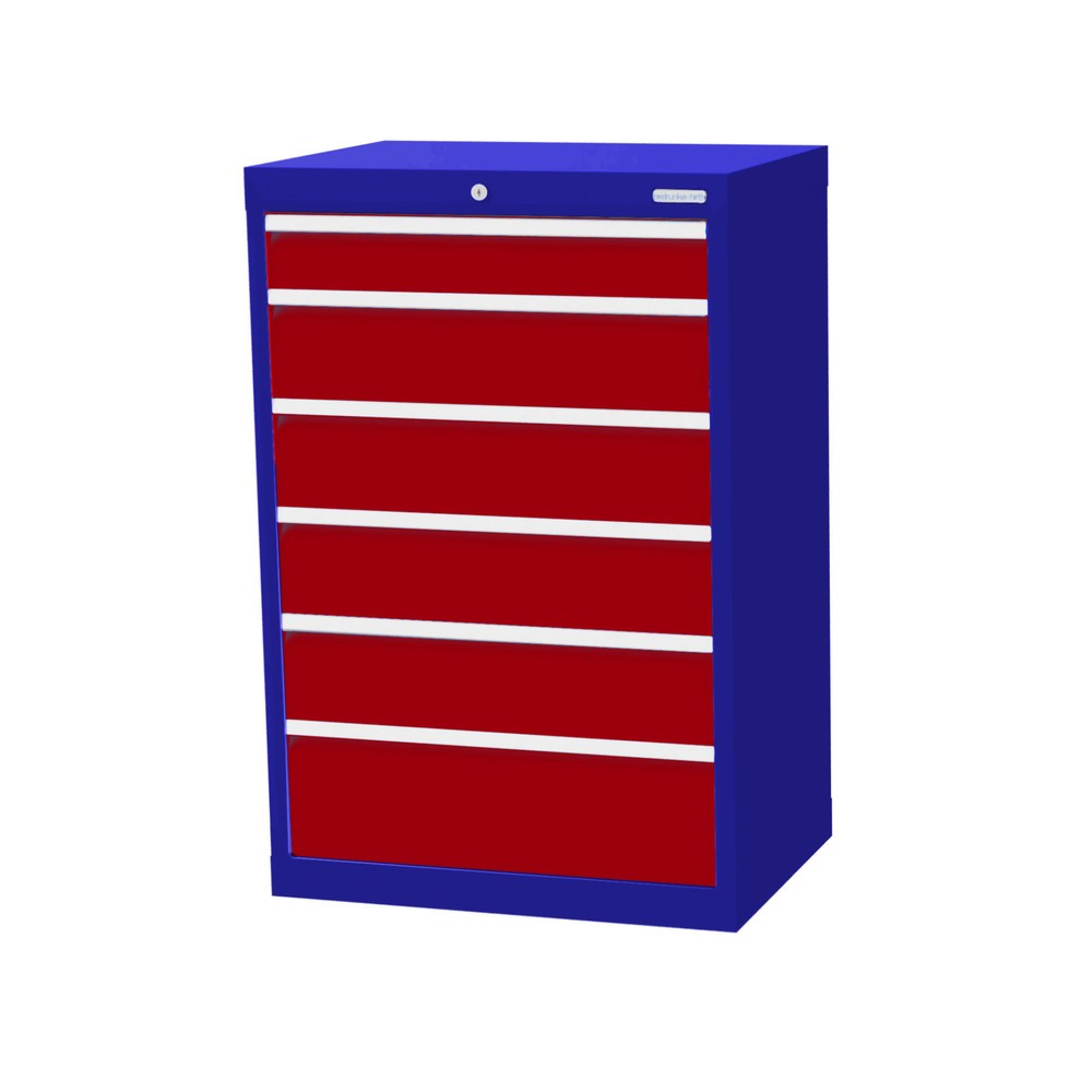 Armario con cajones Bedrunka+Hirth Profi, cajones 1x100 + 4x150 + 1x200 mm, H x A x F 1.019 x 680 x 500 mm, azul genciana, rojo rubí