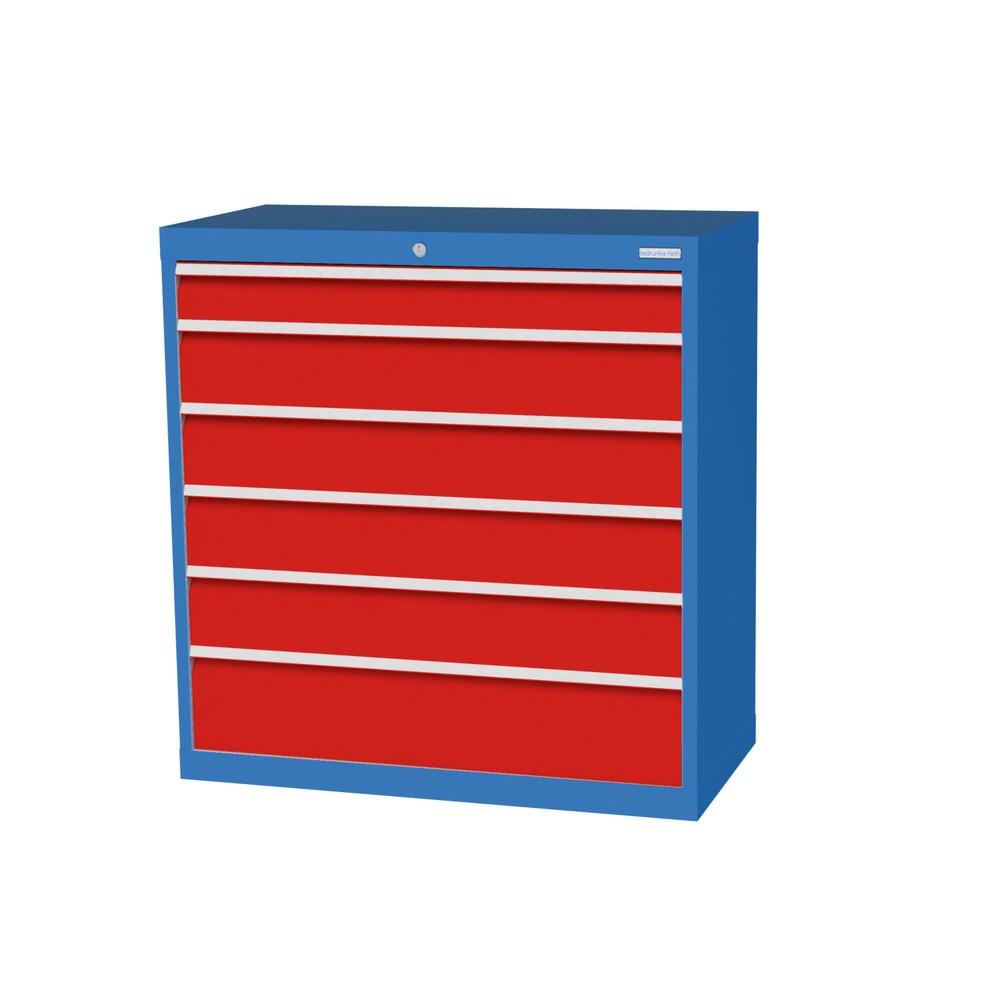 Armario con cajones Bedrunka+Hirth Profi, cajones 1x100 + 4x150 + 1x200 mm, H x A x F 1.019 x 980 x 500 mm, azul luminoso, rojo tráfico