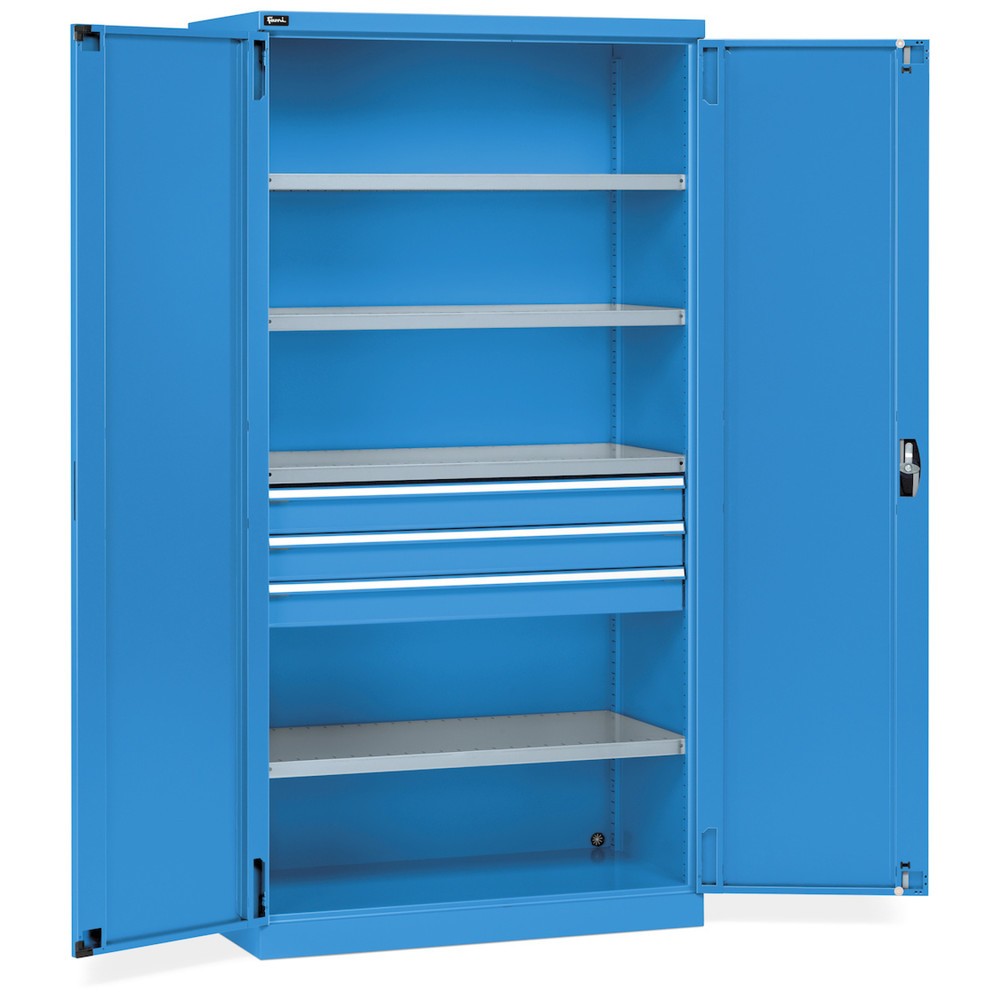 Armario Fami PERFOM con puertas batientes, 3 cajones, 4 baldas, 2.000 x 1.023 x 726 mm (alto x ancho x fondo), azul claro