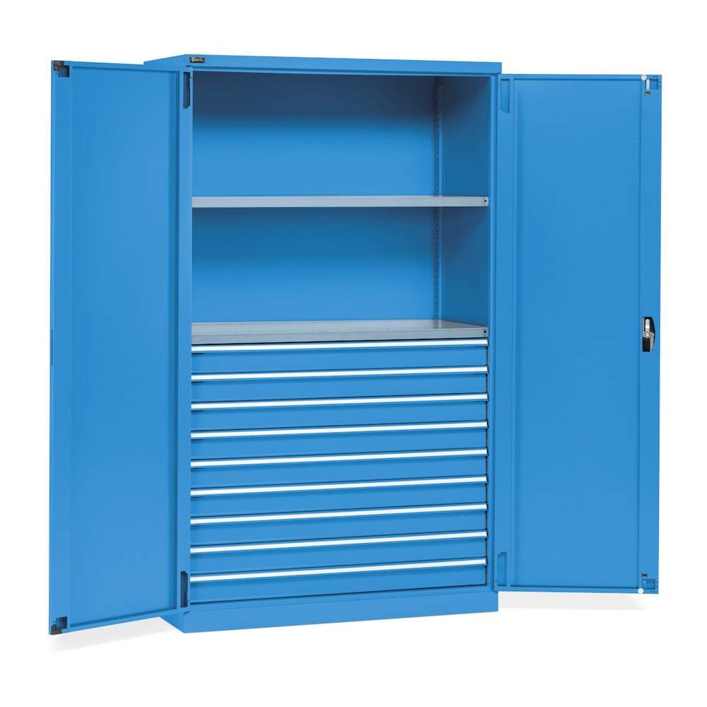 Armario Fami PERFOM con puertas batientes, 9 cajones, 2 baldas, 2.000 x 1.193 x 555 mm (alto x ancho x fondo), azul claro