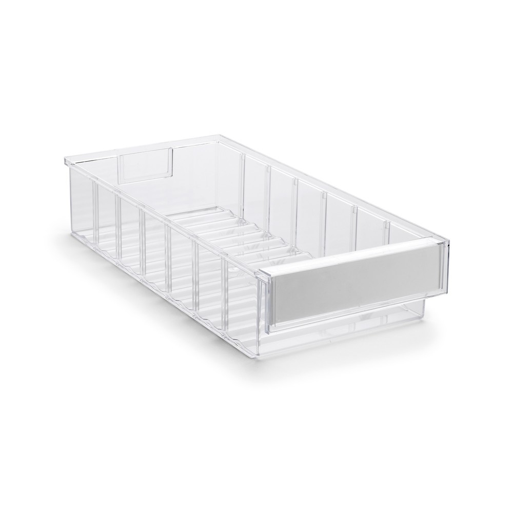 Caja transparente de policristol con etiquetas, H x A x F 82 x 186 x 400 mm