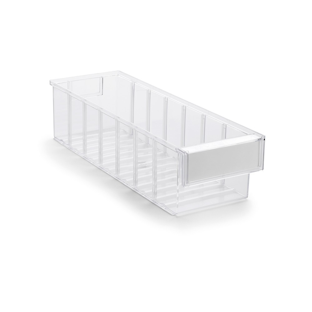 Caja transparente de policristol con etiquetas, H x A x F 100 x 132 x 400 mm