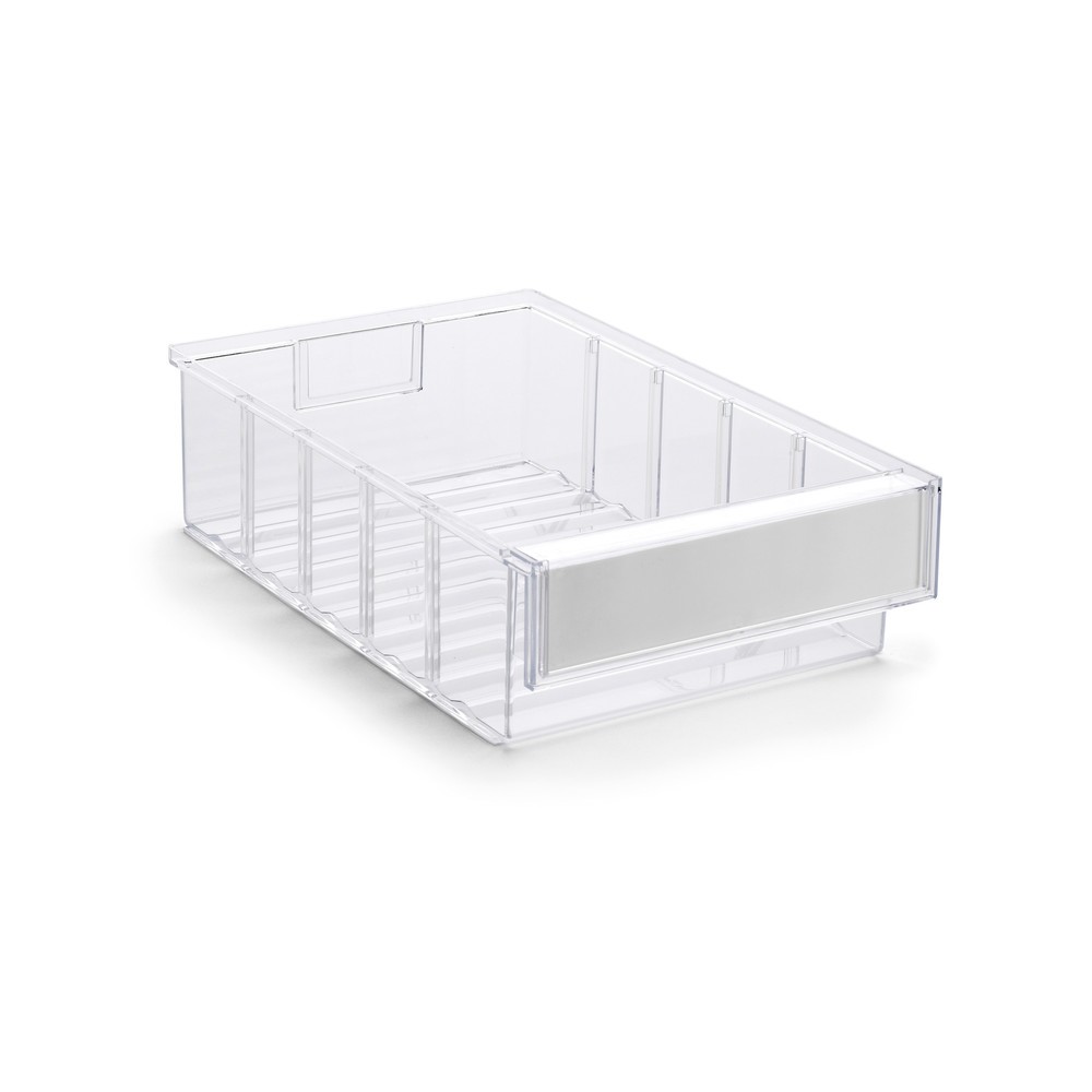 Caja transparente de policristol con etiquetas, H x A x F 82 x 186 x 300 mm