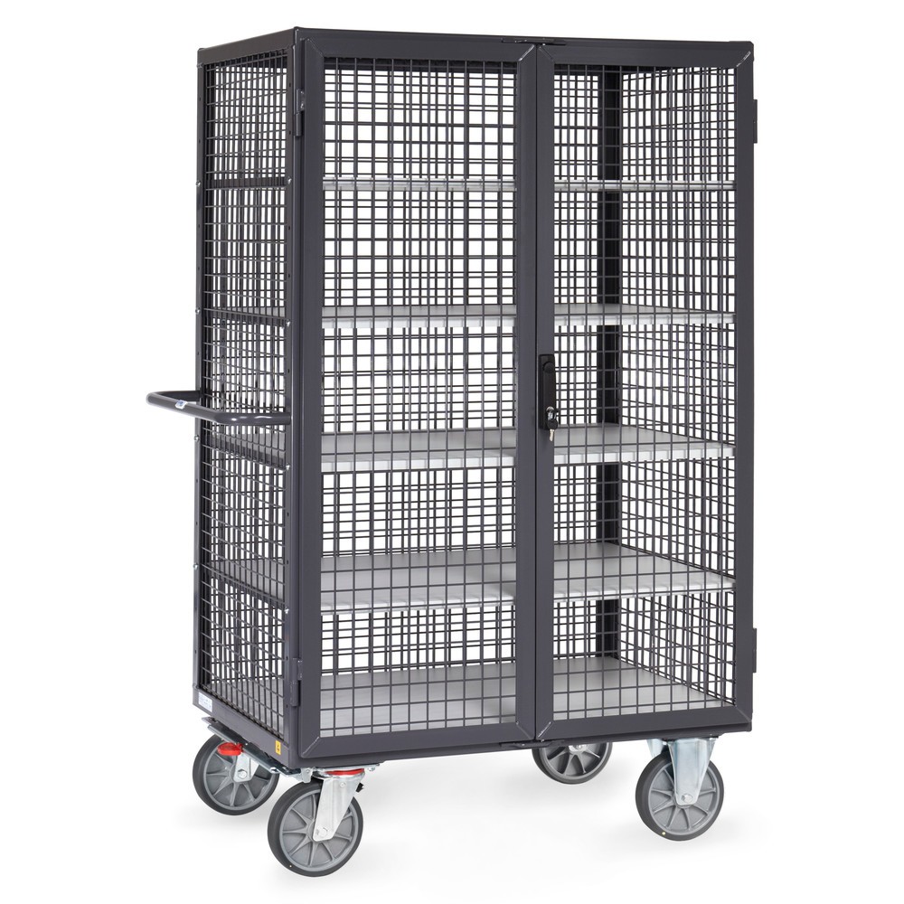 carro armario fetra® ESD, capacidad de carga 750 kg, paredes de celosía, con puerta doble de dos hojas, 5 niveles de 1.000 x 680 mm