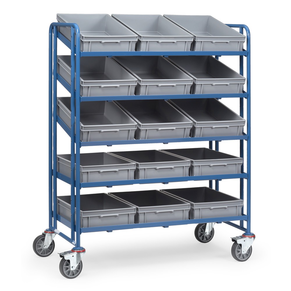 carro|plataforma de suelo Eurobox fetra®, con cajas, capacidad de carga 300 kg, 5 pisos de 1.240 x 610 mm