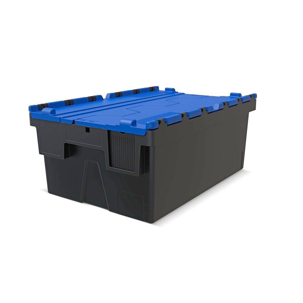 Contenedor apilable multiuso de regranulado de PP con tapa abatible, negro / azul, 40 litros, 1 uds. / UV