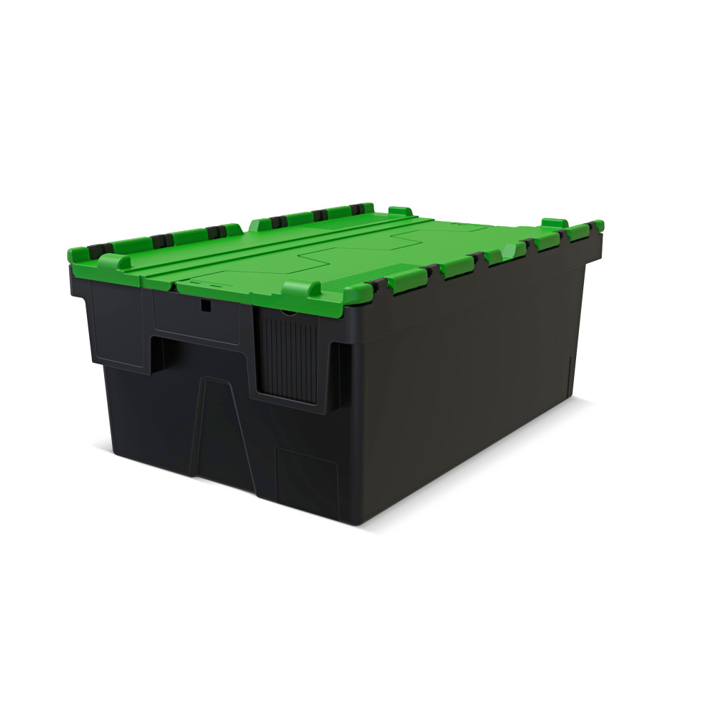 Contenedor apilable multiuso de regranulado de PP con tapa abatible, negro / verde, 40 litros, 1 uds. / UV