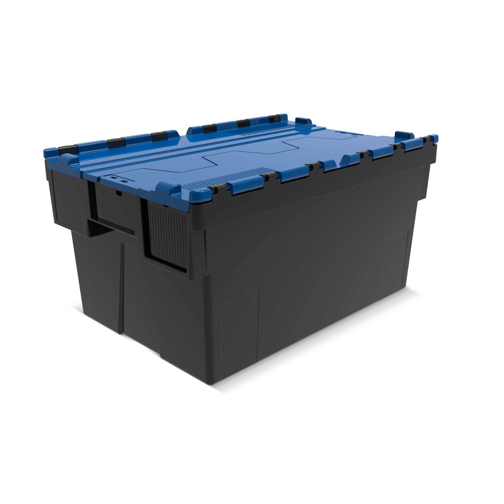 Contenedor apilable multiuso de regranulado de PP con tapa abatible, negro / azul, 56 litros, 1 uds. / UV