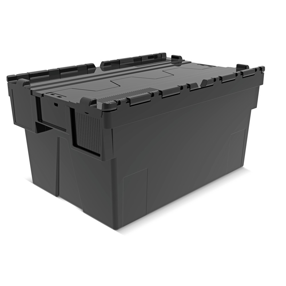 Contenedor apilable multiuso de regranulado de PP con tapa abatible, negro, 56 litros, 1 uds. / UV