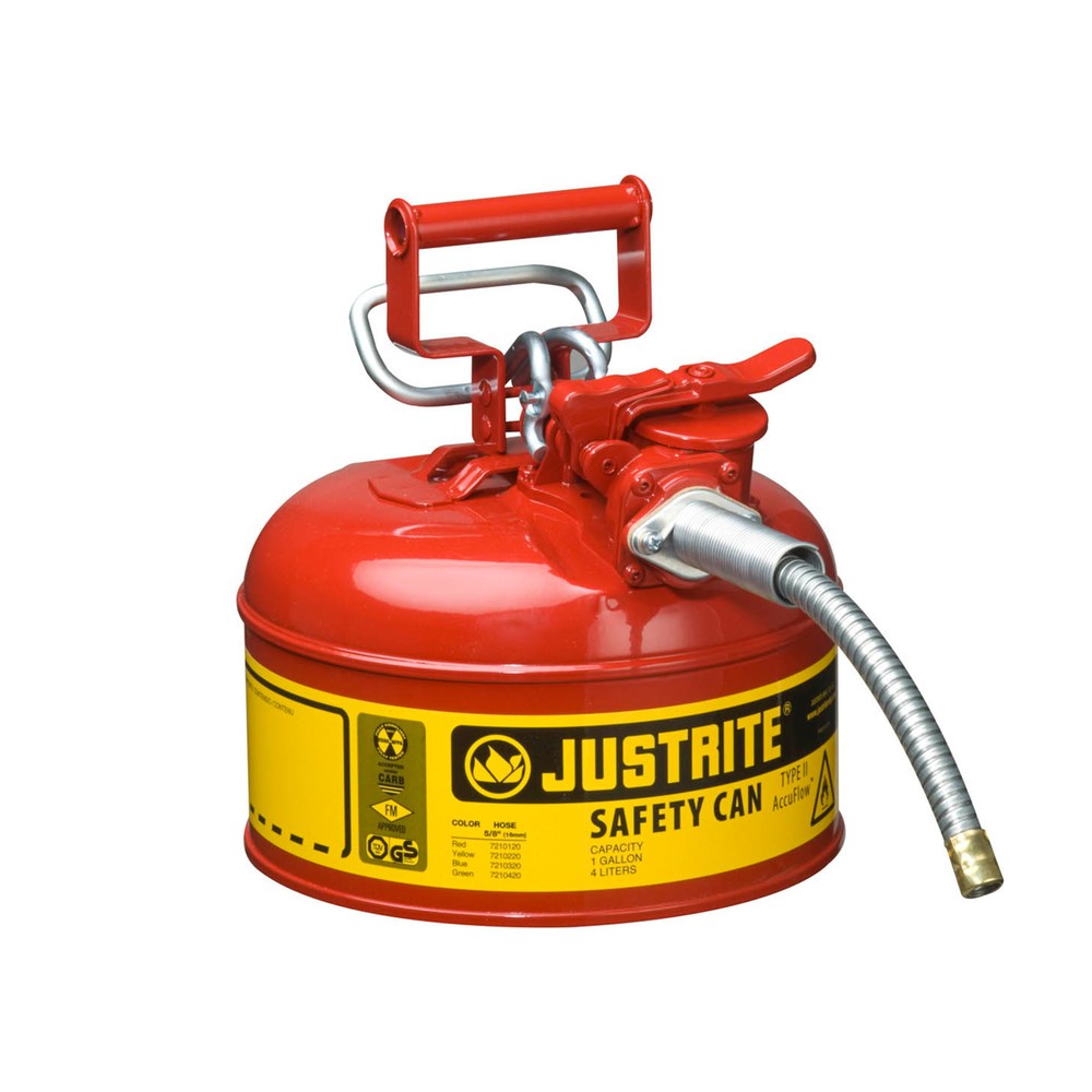 Justrite - Contenedor de seguridad AccuFlow™ tipo II, manguera metálica, color rojo, 4 litros