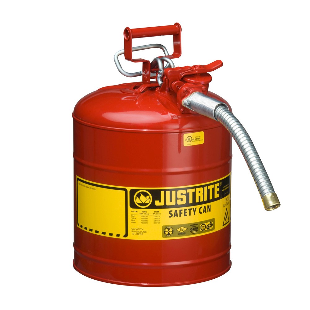 Justrite - Contenedor de seguridad AccuFlow™ tipo II, manguera metálica, color rojo, 9,5 litros