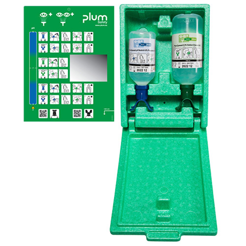 Estación de emergencia plum DUO en cajas de pared a prueba de polvo con espejo, solución de cloruro sódico 1.000 ml, solución tampón de fosfato 500 ml