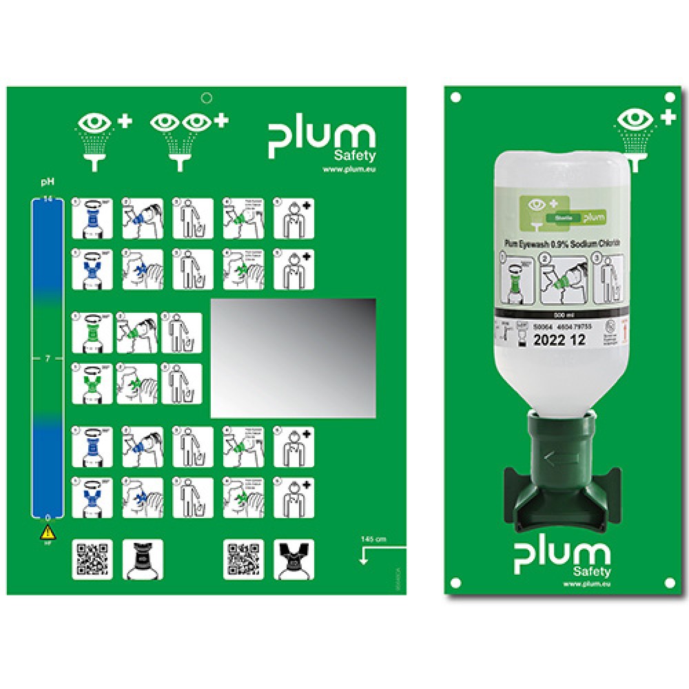 Estación de lavado de ojos plum con cinta de acordonar, solución de cloruro sódico 500 ml