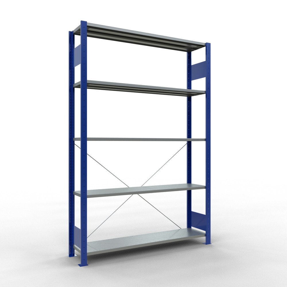 estantería de cargas pequeñas SCHULTE sistema de encajado|sistema de ensamblajes, módulo inicial, carga por estante 150 kg, Genciana Azul/Galvanizado, H x An x F 2.000 x 1.300 x 300 mm