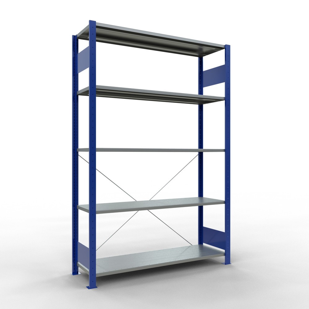 estantería de cargas pequeñas SCHULTE sistema de encajado|sistema de ensamblajes, módulo inicial, carga por estante 150 kg, azul genciana/galvanizado, alto H x An x F 2.000 x 1300 x 400 mm