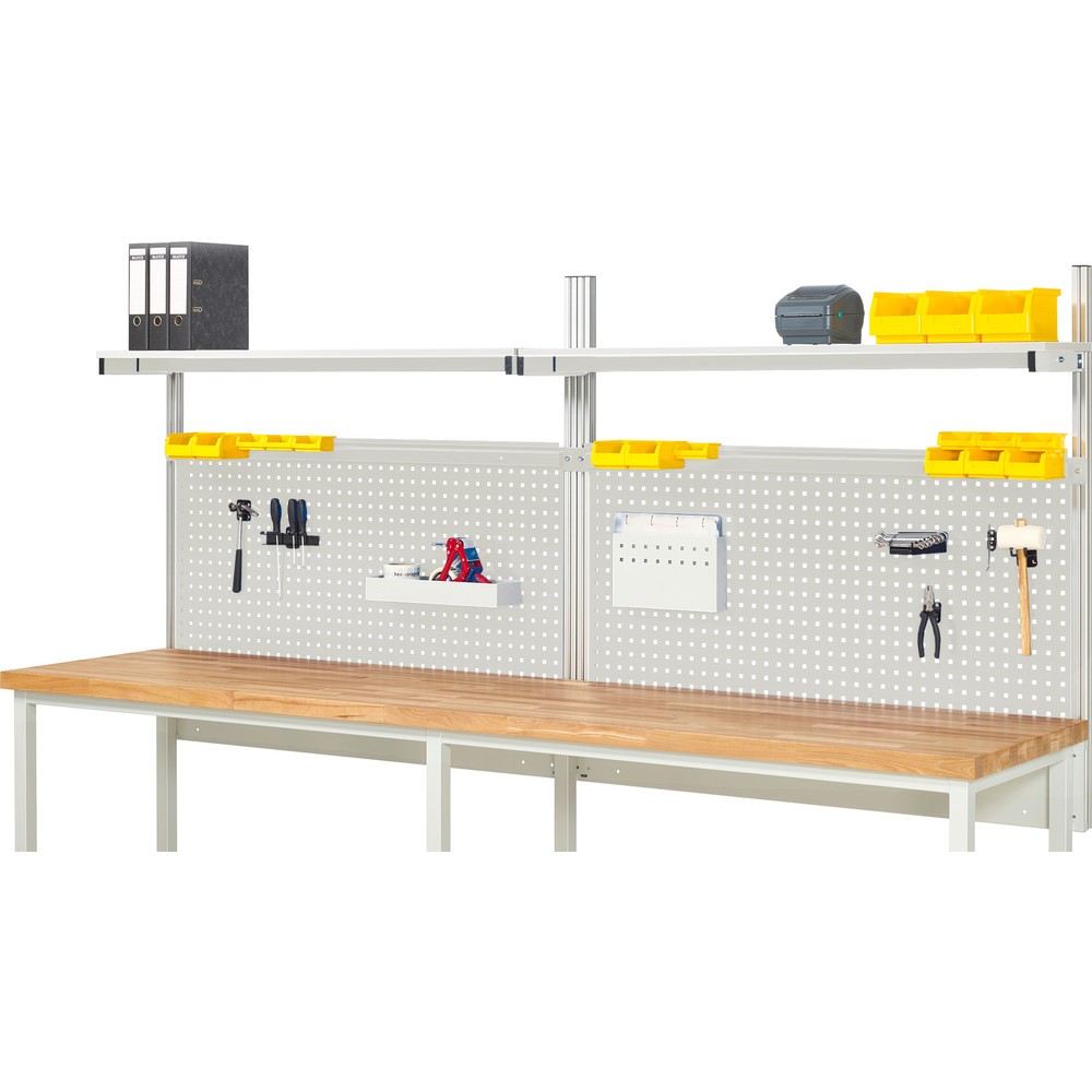 Estructura sistema RAU, H x A x F 1.130 x 3.000 x 350 mm, con 2 estantes, tablero con revestimiento de melamina y 2 guía de soporte, kit completo 01 para anchura de productos 3.000 mm