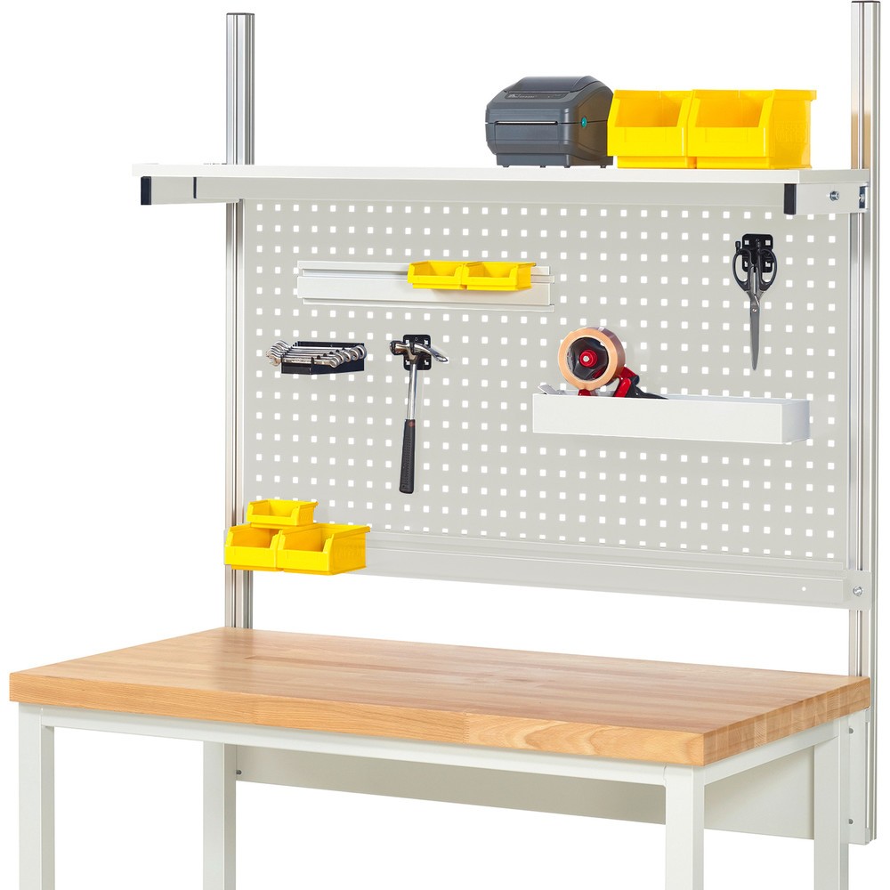 Estructura sistema RAU, H x A x F 1.130 x 1.250 x 350 mm, con 1 estante, tabla con revestimiento de melamina y 1 guía de soporte, kit completo 01 para anchura de productos 1.250 mm