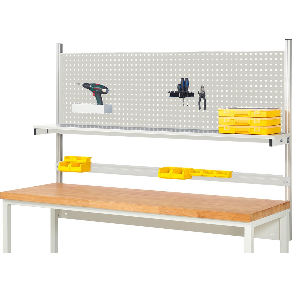 Estructura sistema RAU, H x A x F 1.130 x 2.000 x 350 mm, con 1 estante, tabla con revestimiento de melamina y 1 guía de soporte, kit completo 01 para anchura de productos 2.000 mm