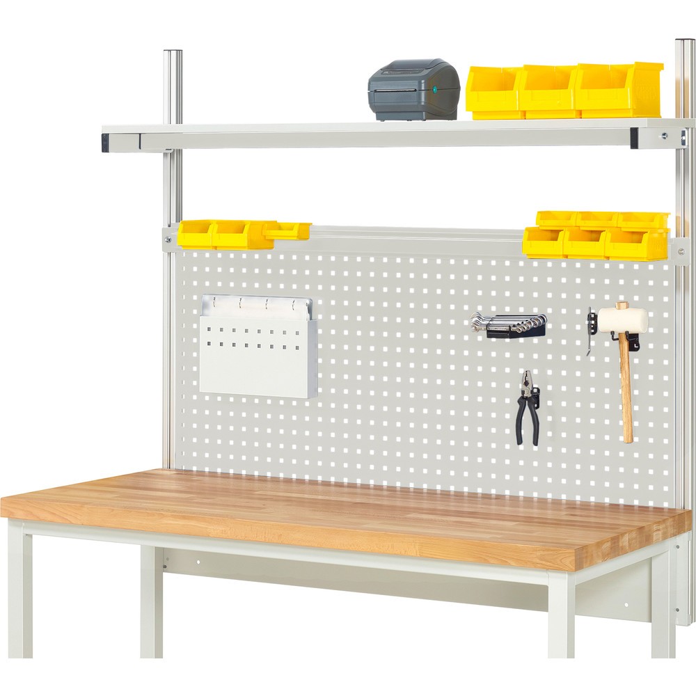 Estructura sistema RAU, H x A x F 1.130 x 1.500 x 350 mm, con 1 estante, tabla con revestimiento de melamina y 1 guía de soporte, kit completo 01 para anchura de productos 1.500 mm