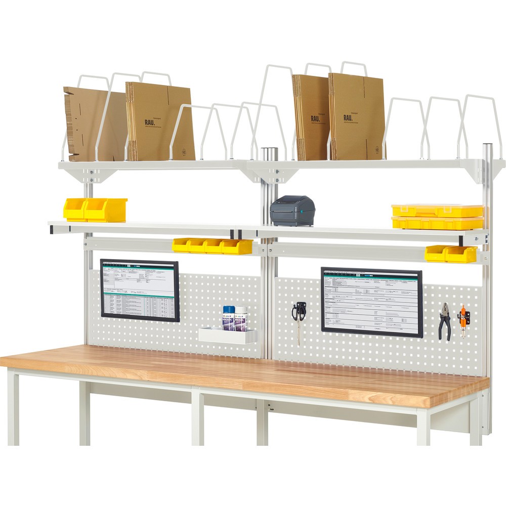 Imagen del producto: Estructura sistema RAU, H x A x F 1.130 x 2.500 x 350 mm, con 2 estantes elevados, 2 guías de soporte y 2 soportes de pantalla plana, kit completo 03 para anchura de productos de 2.500 mm