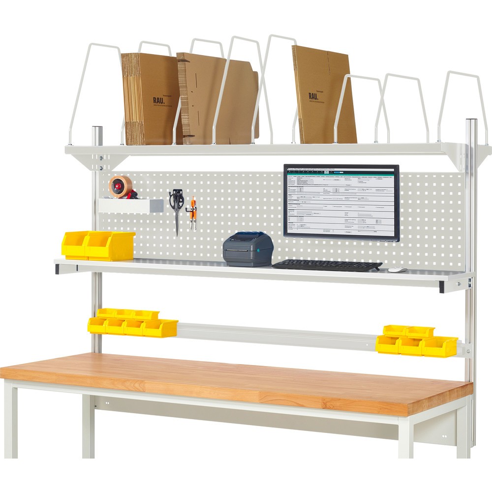 Estructura sistema RAU, H x A x F 1.130 x 2.000 x 350 mm, con 1 estante elevado, 1 guía de soporte y 1 soporte de pantalla plana, kit completo 03 para anchura de productos de 1.500 mm