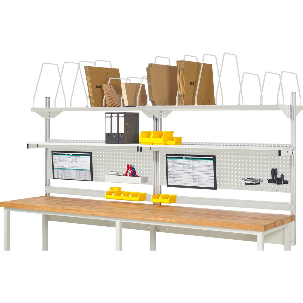 Estructura sistema RAU, H x A x F 1.130 x 3.000 x 350 mm, con 2 estantes elevados, 2 guías de soporte y 2 soportes de pantalla plana, kit completo 03 para anchura de productos de 3.000 mm