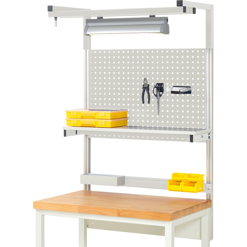 Imagen del producto: Estructura sistema RAU, H x A x F 1.380 x 1.000 x 350 mm, con 1 estante elevado, 1 guía de soporte y 1 par de brazos salientes y 1 luz, kit completo 04 para anchura de productos de 1.000 mm