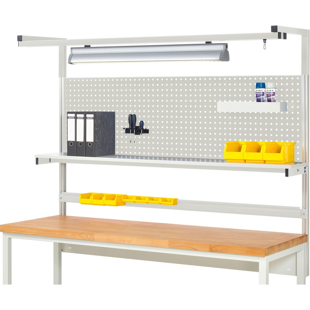 Estructura sistema RAU, H x A x F 1.380 x 2.000 x 350 mm, con 1 estante elevado, 1 guía de soporte y 1 par de brazos salientes y 1 luz, kit completo 04 para anchura de productos de 2.000 mm