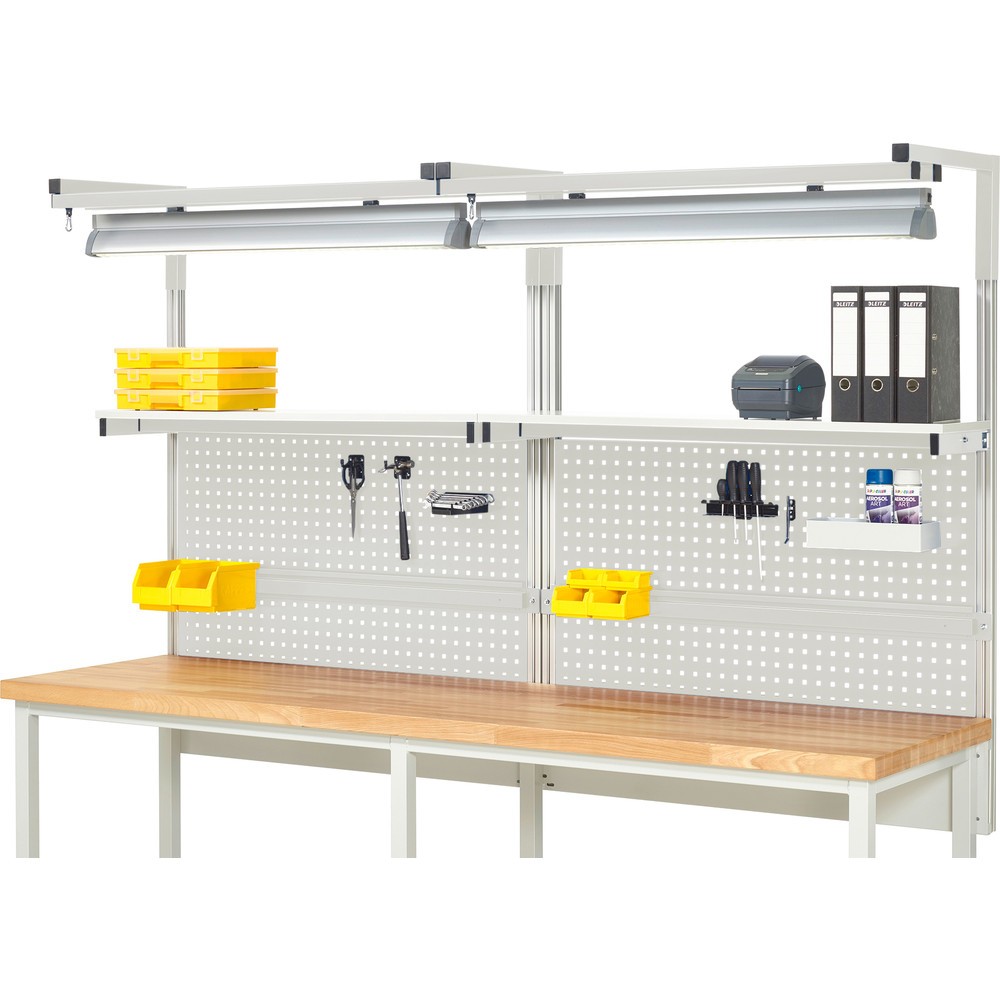 Estructura sistema RAU, H x A x F 1.380 x 2.500 x 350 mm, con 2 estantes elevados, 2 guías de soporte y 2 pares de brazos salientes y 2 luces, kit completo 04 para anchura de productos de 2.500 mm