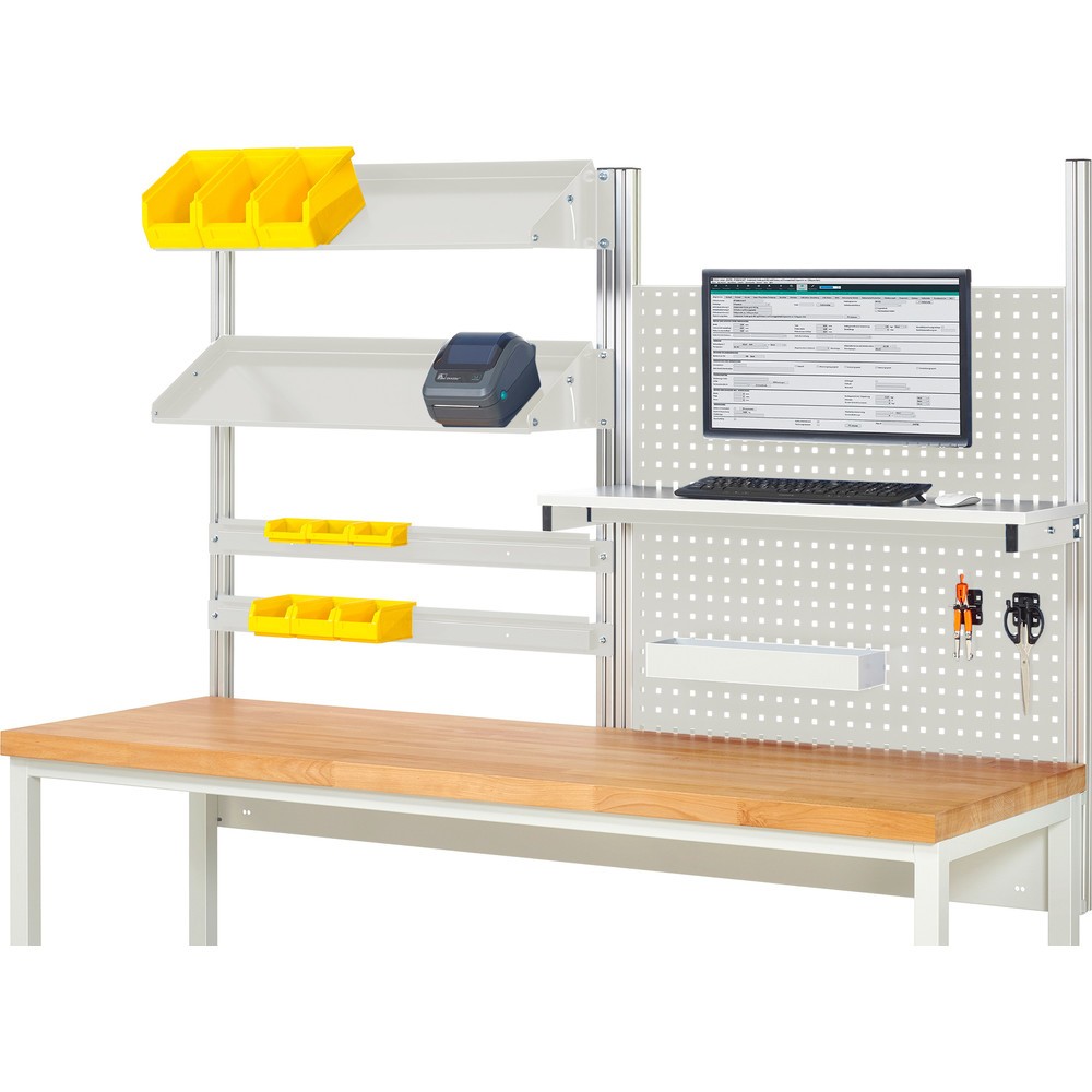 Estructura sistema RAU, H x A x F 1.130 x 2.000 x 350 mm, con 1 estante elevado, 2 guías de soporte, 2 bandejas metálicas inclinables y 1 soporte de pantalla plana, kit completo 05 para anchura de productos de 2.000 mm