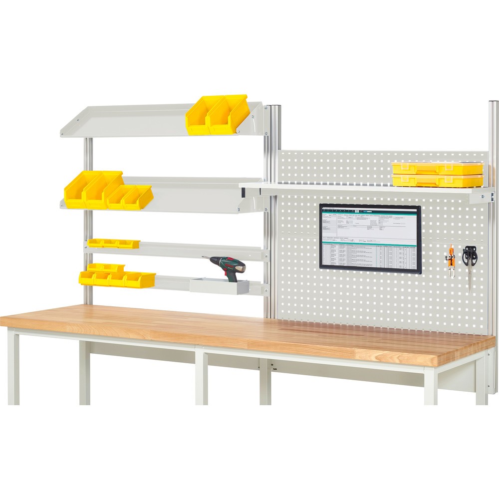 Imagen del producto: Estructura sistema RAU, H x A x F 1.130 x 2.500 x 350 mm, con 1 estante elevado, 2 guías de soporte, 2 bandejas metálicas inclinables y 1 soporte de pantalla plana, kit completo 05 para anchura de productos de 2.500 mm