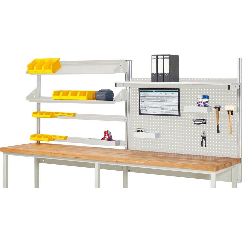 Estructura sistema RAU, H x A x F 1.130 x 3.000 x 3.000 mm, con 1 estante elevado, 2 guías de soporte, 2 bandejas metálicas inclinables y 1 soporte de pantalla plana, kit completo 05 para anchura de productos de 3.000 mm