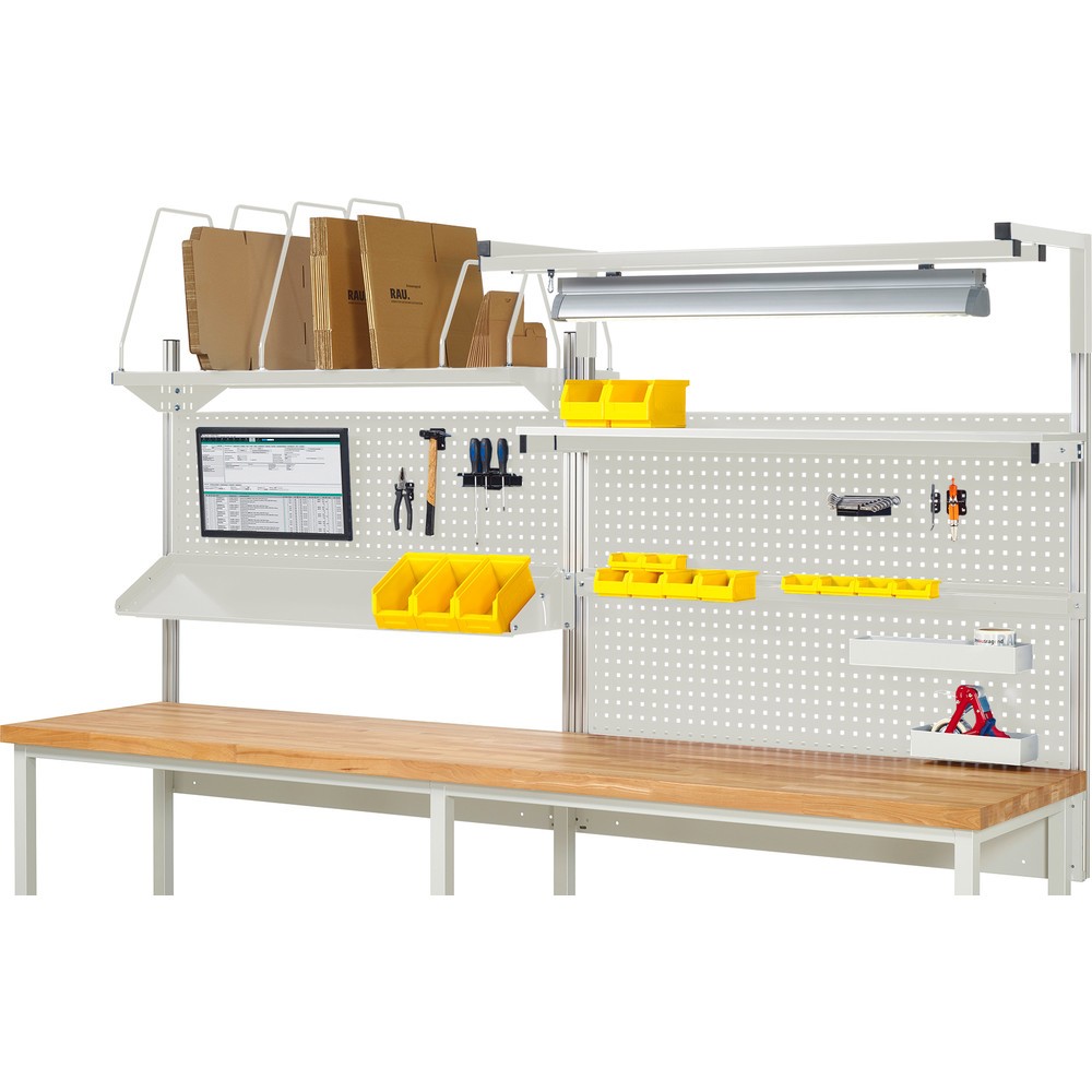 Estructura sistema RAU, H x A x F 1.380 x 3.000 x 3.000 mm, con 1 estante elevado, 1 guía de soporte, 1 bandeja metálica inclinable, 1 soporte de pantalla plana y 1 luz, kit completo 06 para anchura de productos de 3.000 mm