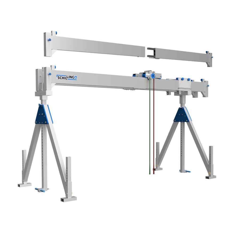 Grúa pórtico de aluminio con doble portador separable, punto de montaje 2.155-3.655 mm, capacidad de carga 1.000 kg