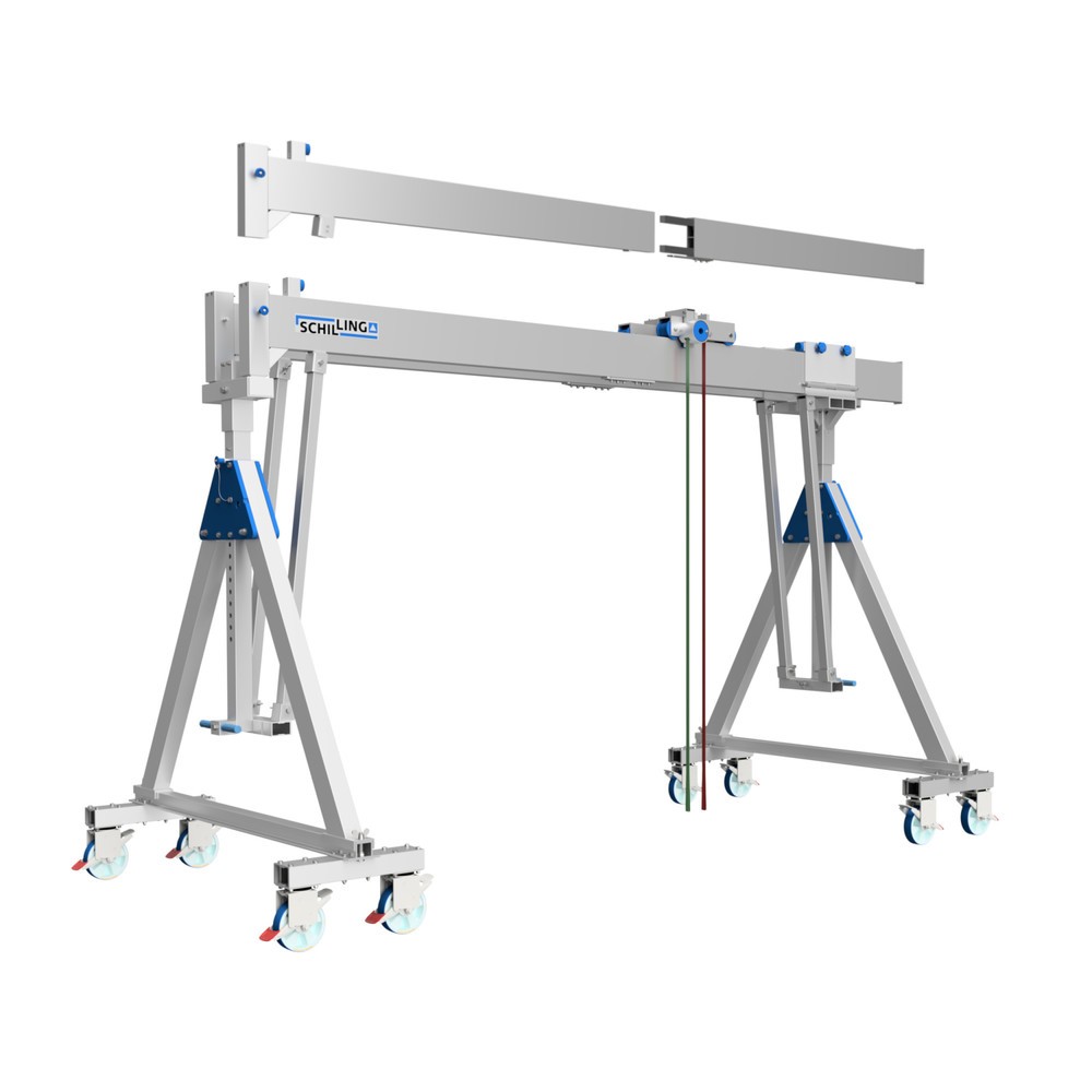 Grúa pórtico de aluminio con doble portador separable, móvil, punto de montaje 2.613-3.363 mm, capacidad de carga 2.000 kg