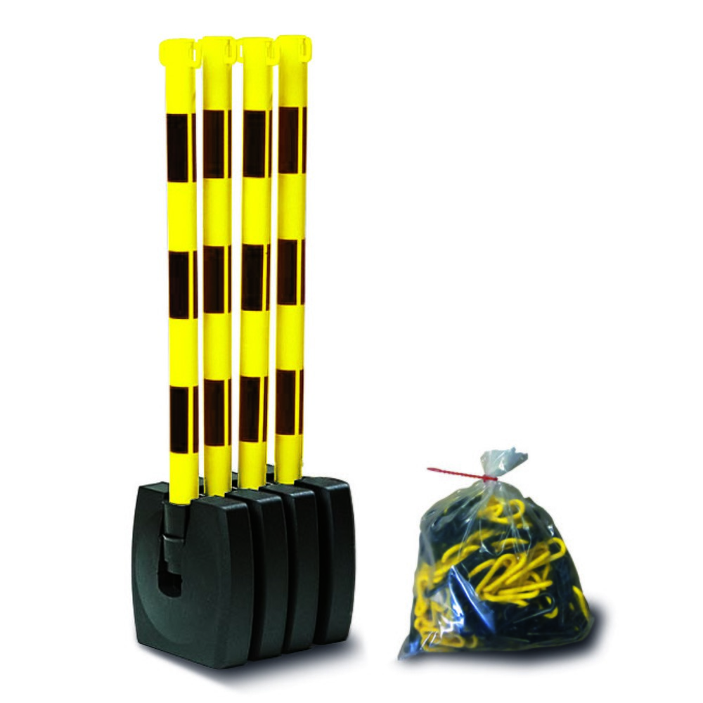 Juego de soporte de advertencia de cadena Guarda-Flex, 4 soportes y cadena de 10 m, negro/amarillo