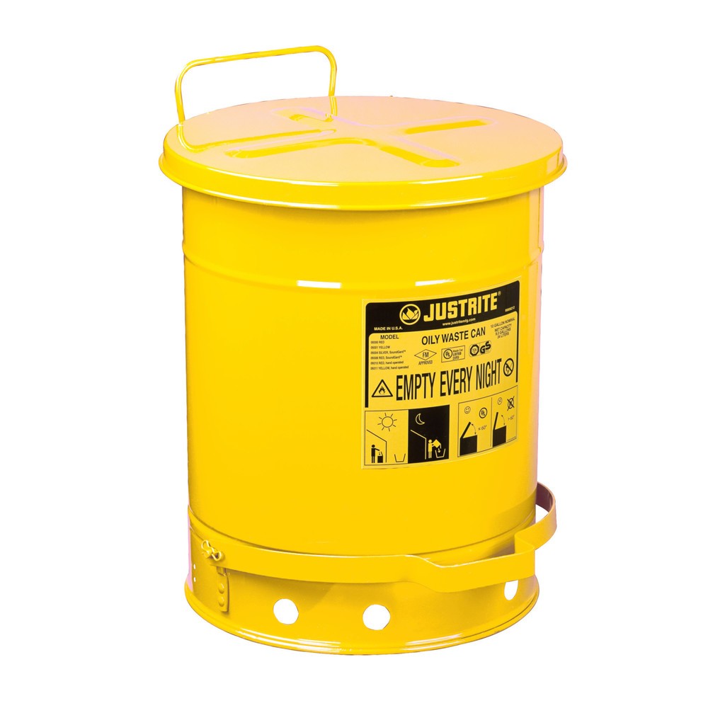 Justrite - Contenedor de almacenamiento para banco de trabajo, pedal, color amarillo, 34 litros