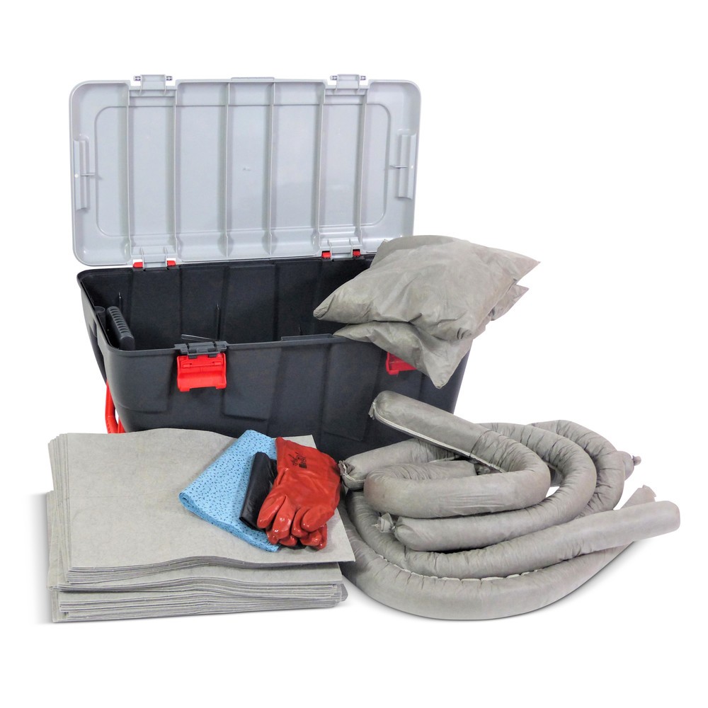 Kit de emergencia universal, capacidad 75 litros, caja de rodillos