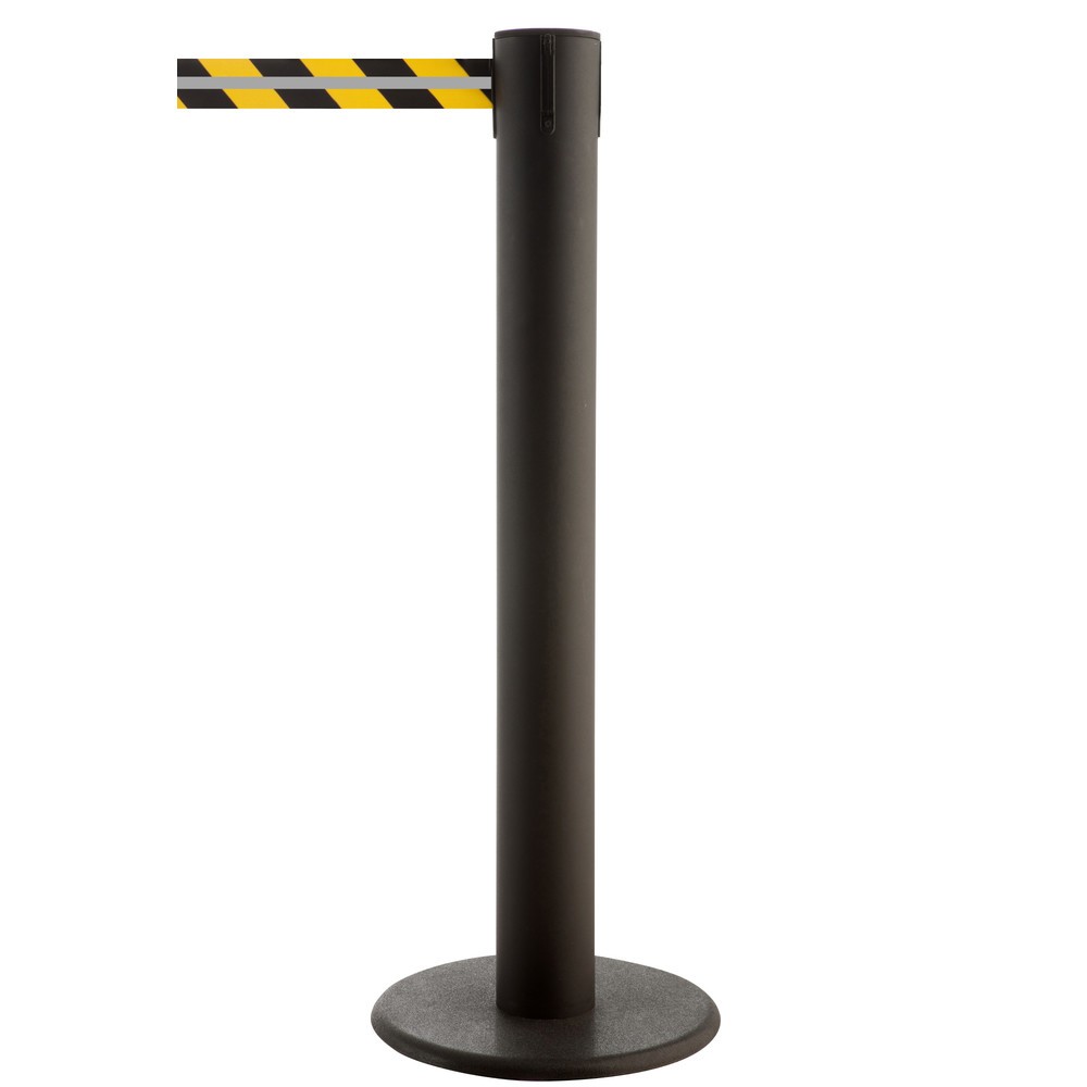 Poste para acordonar con cinta GLA 85-J REFLECTO, de RS-GUIDESYSTEMS®, longitud 7 m, anchura 50 mm, Poste negro, cinta negra/amarilla