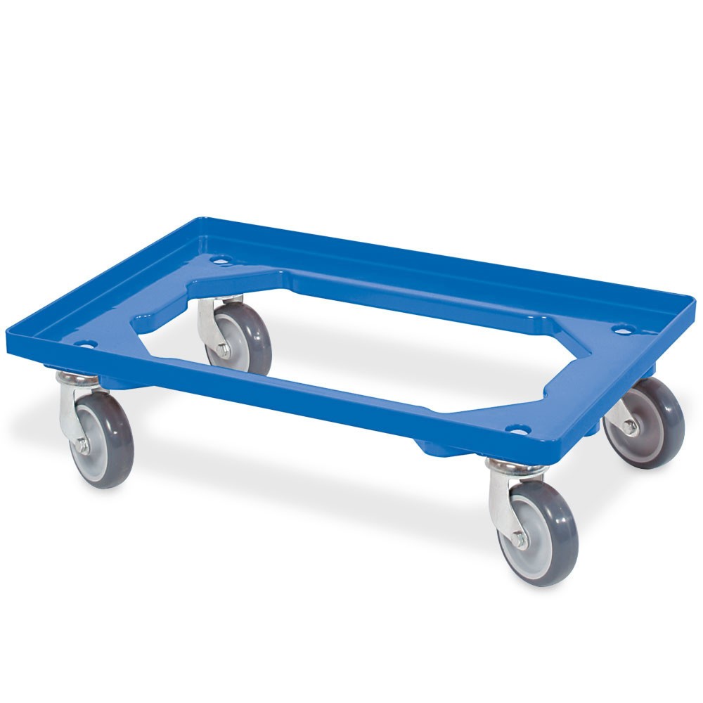 Rodillo de transporte para eurocontenedor apilable 600x400 mm azul, 4 ruedas giratorias, ruedas de caucho gris