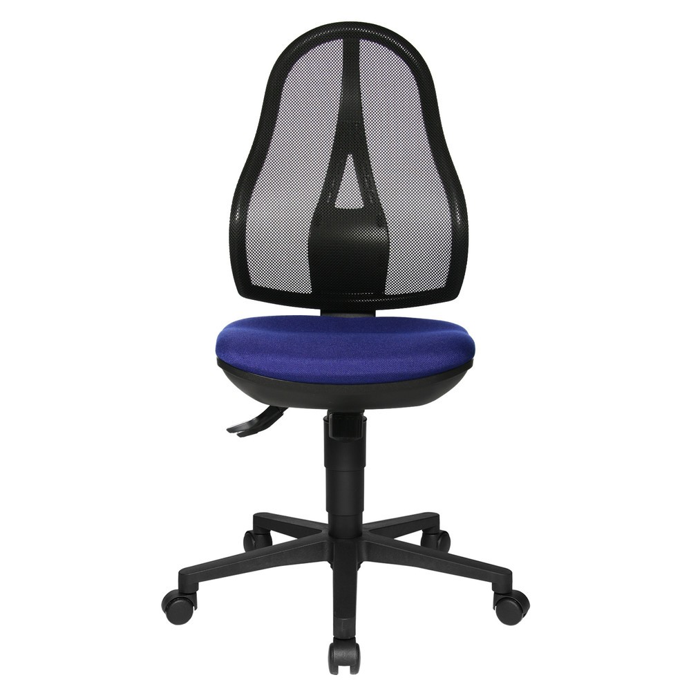 Silla operativa giratoria Topstar® Open Point Syncro, asiento protege la columna, respaldo de malla, azul