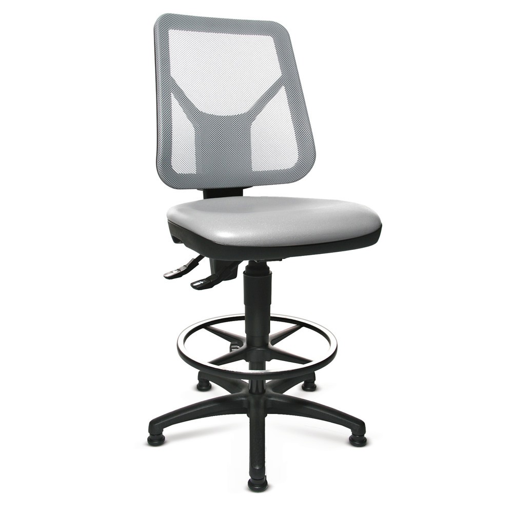 Silla de trabajo giratoria Topstar® Tec 80 PK, altura de asiento 590-840 mm, respaldo de malla, conteras, estribo circular, negro