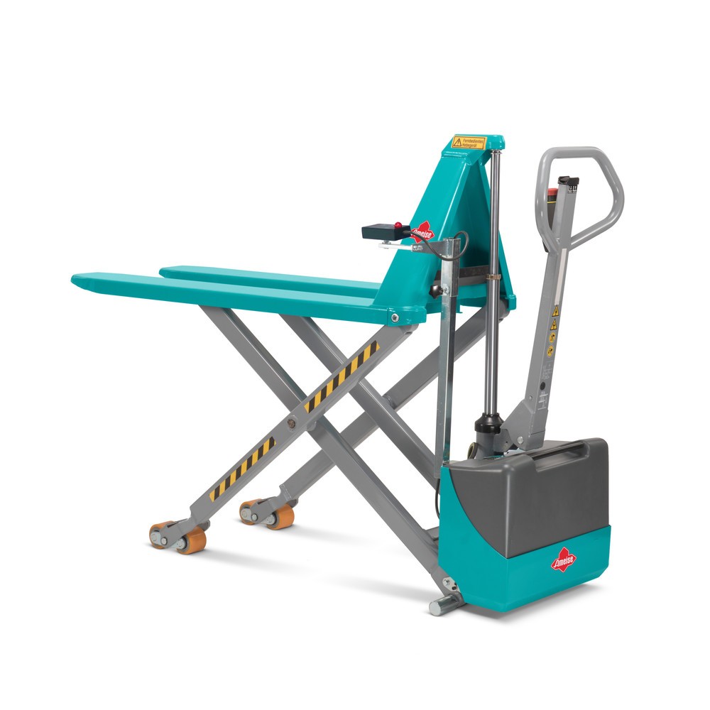 Transpaleta de tijera Ameise® PTM 1.5 electrohidráulica, capacidad de carga 1.500 kg, longitud de horquilla 1.200 mm, poliuretano