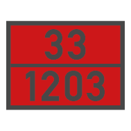 Red rectangular hazardous materials plate with numbers: "33" at the top and "1203" at the bottom.