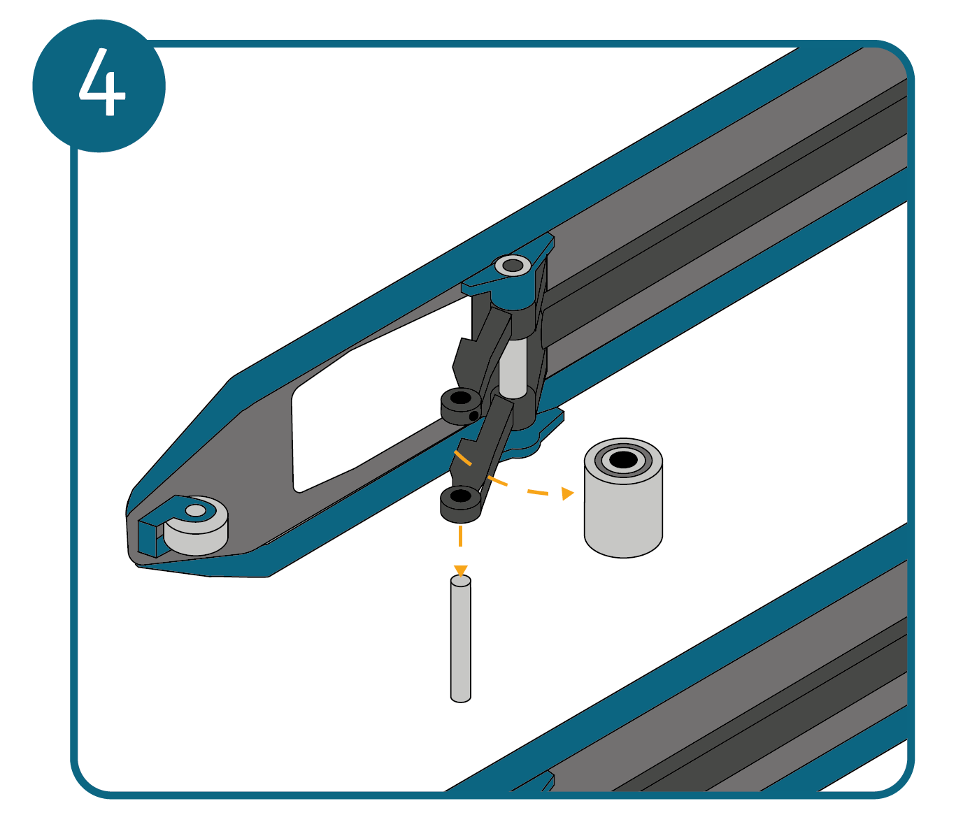 A pallet truck positioned on its side with the roller wheel being removed