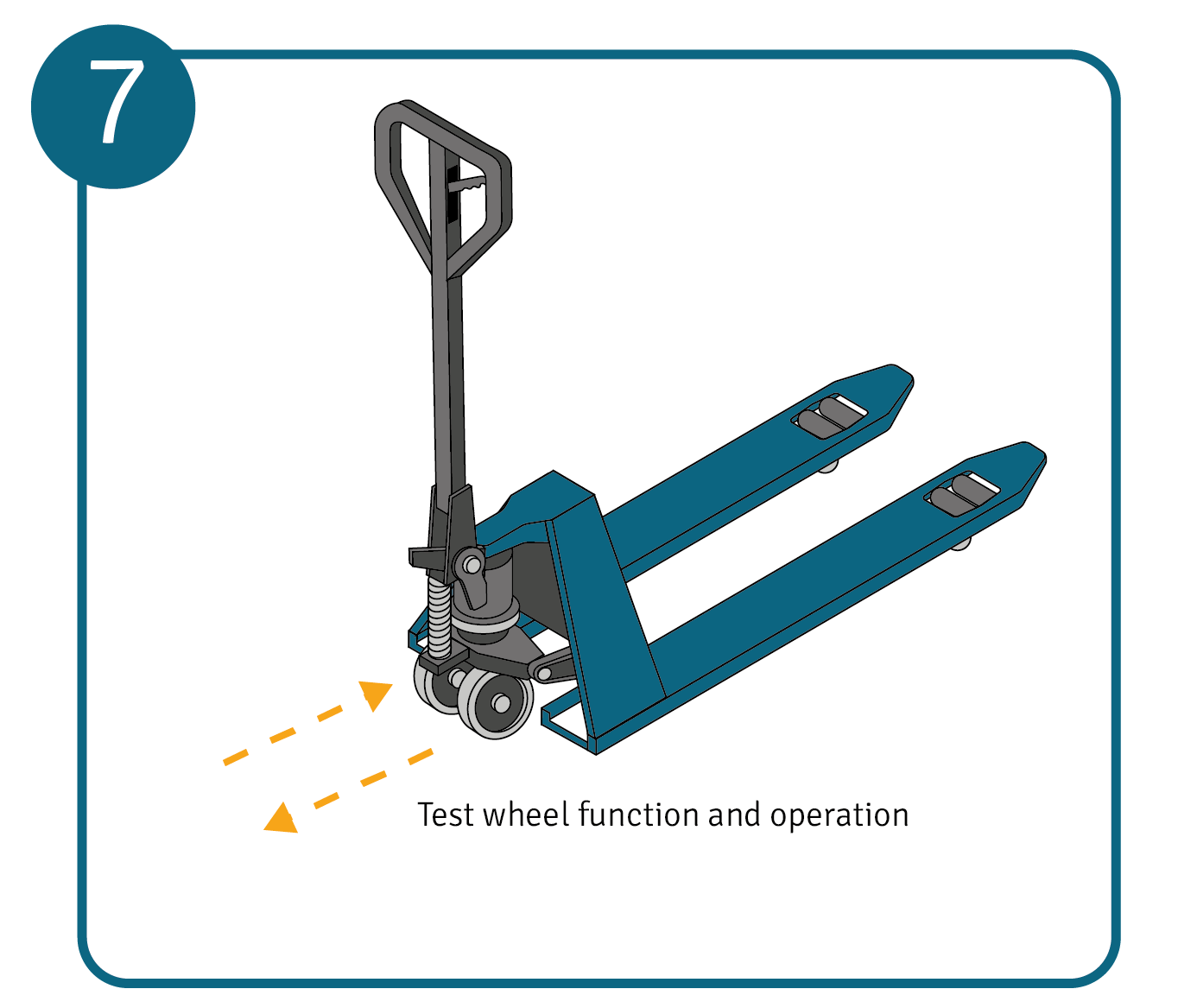 A pallet truck standing upright and being tested for functionality