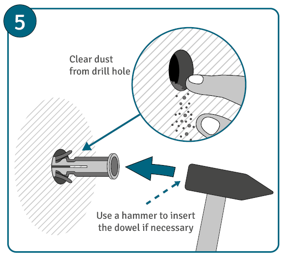 Clean the hole and screw the dowel into the concrete wall