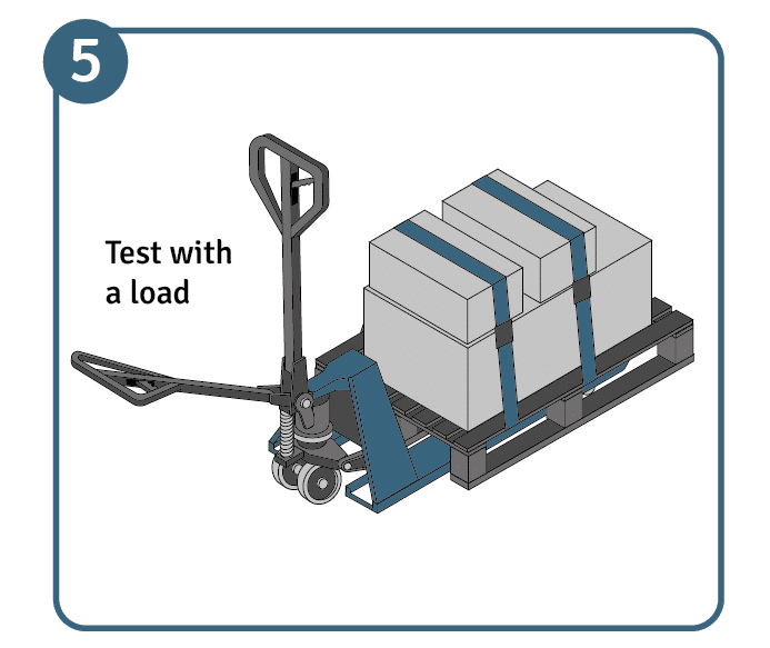 Illustration showing how to pump up a pallet jack with a load