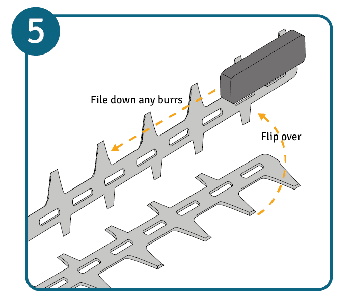 When sharpening the hedge trimmer, the grinding edges of the saw blade are deburred with a grinding block