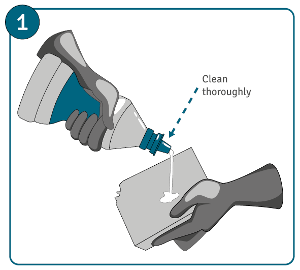 A close up of hands squeezing cleaning material onto a cloth with the words "clean thoroughly".